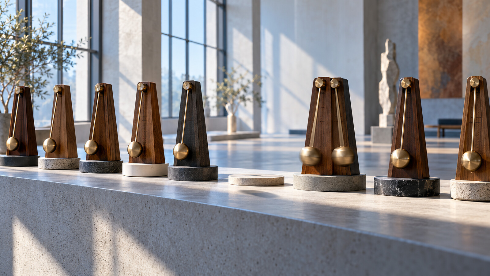 Several wooden metronomes in a bright room: one spot is empty, while two mechanisms stand nearby
