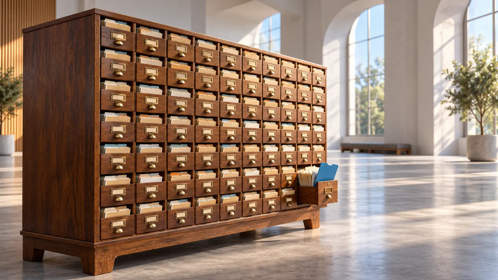 A spacious archival storage with a filled card catalog cabinet and the last blue folder at the open drawer