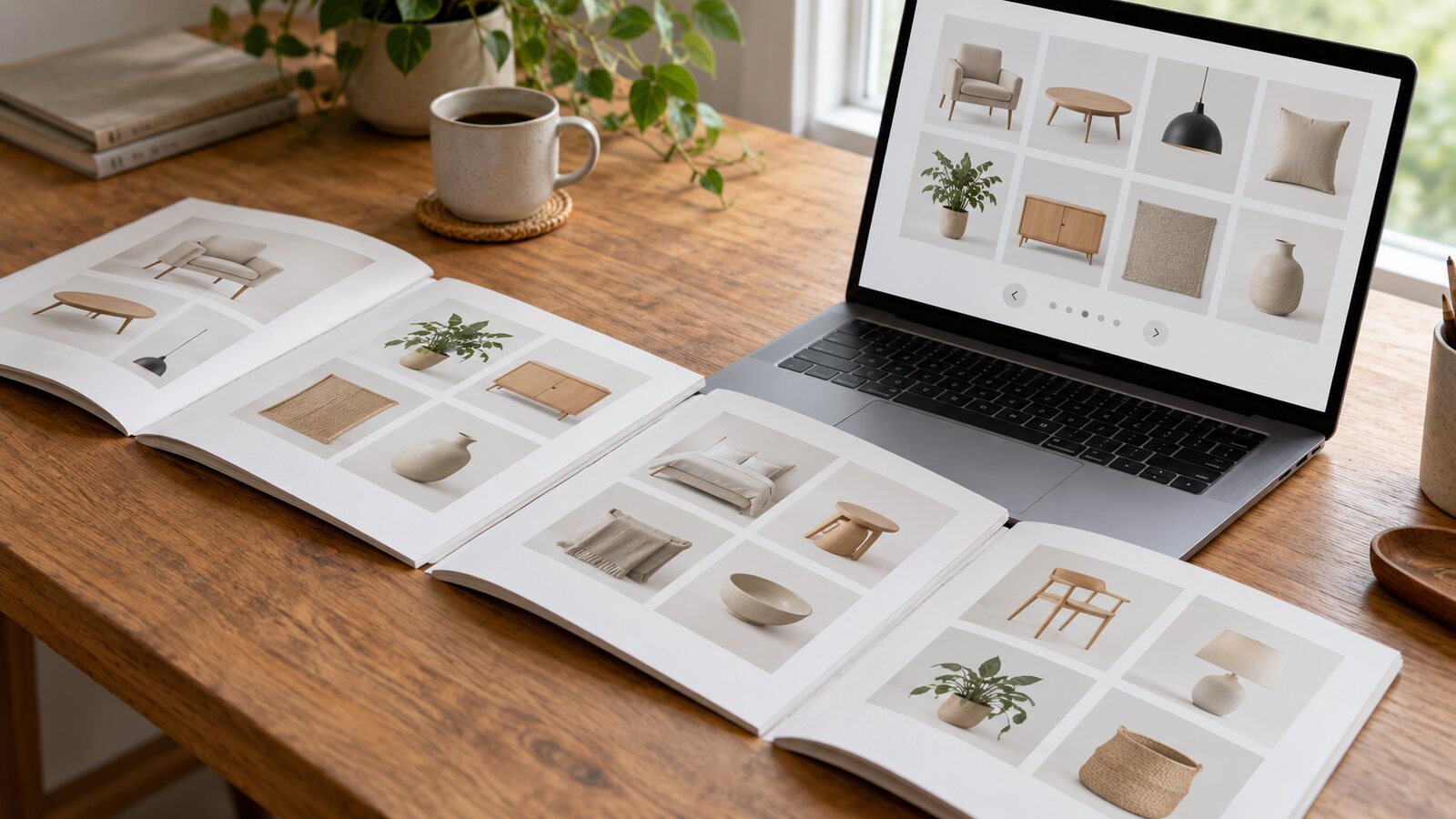 Product catalog on a table, divided into sequential pages without labels