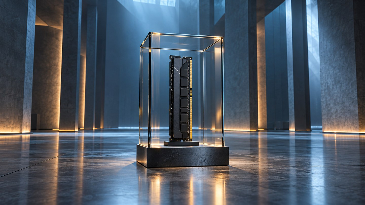 A RAM module inside a small glass container against the backdrop of a spacious room.