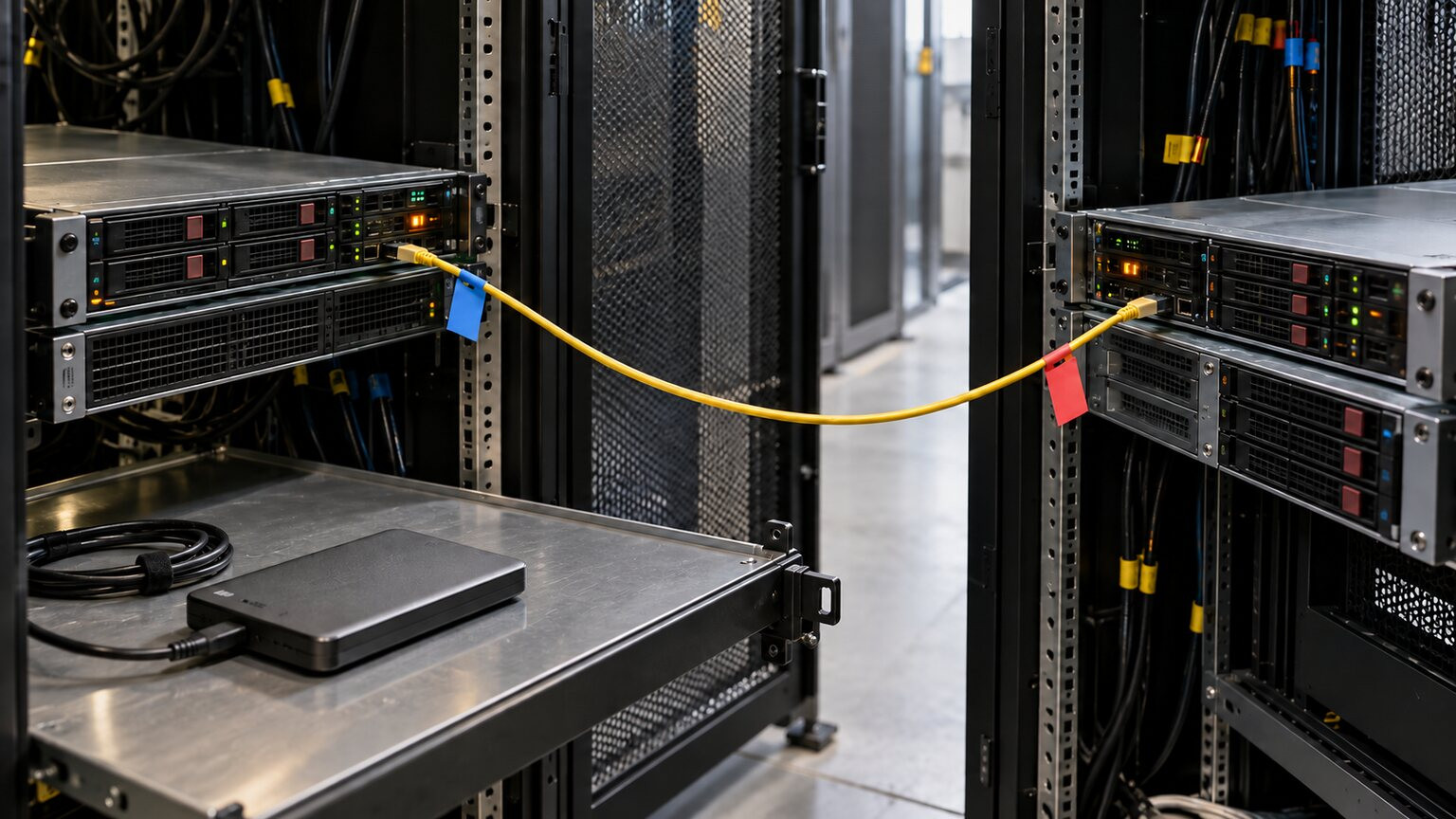 Two server racks and a backup drive during the online store migration to VPS