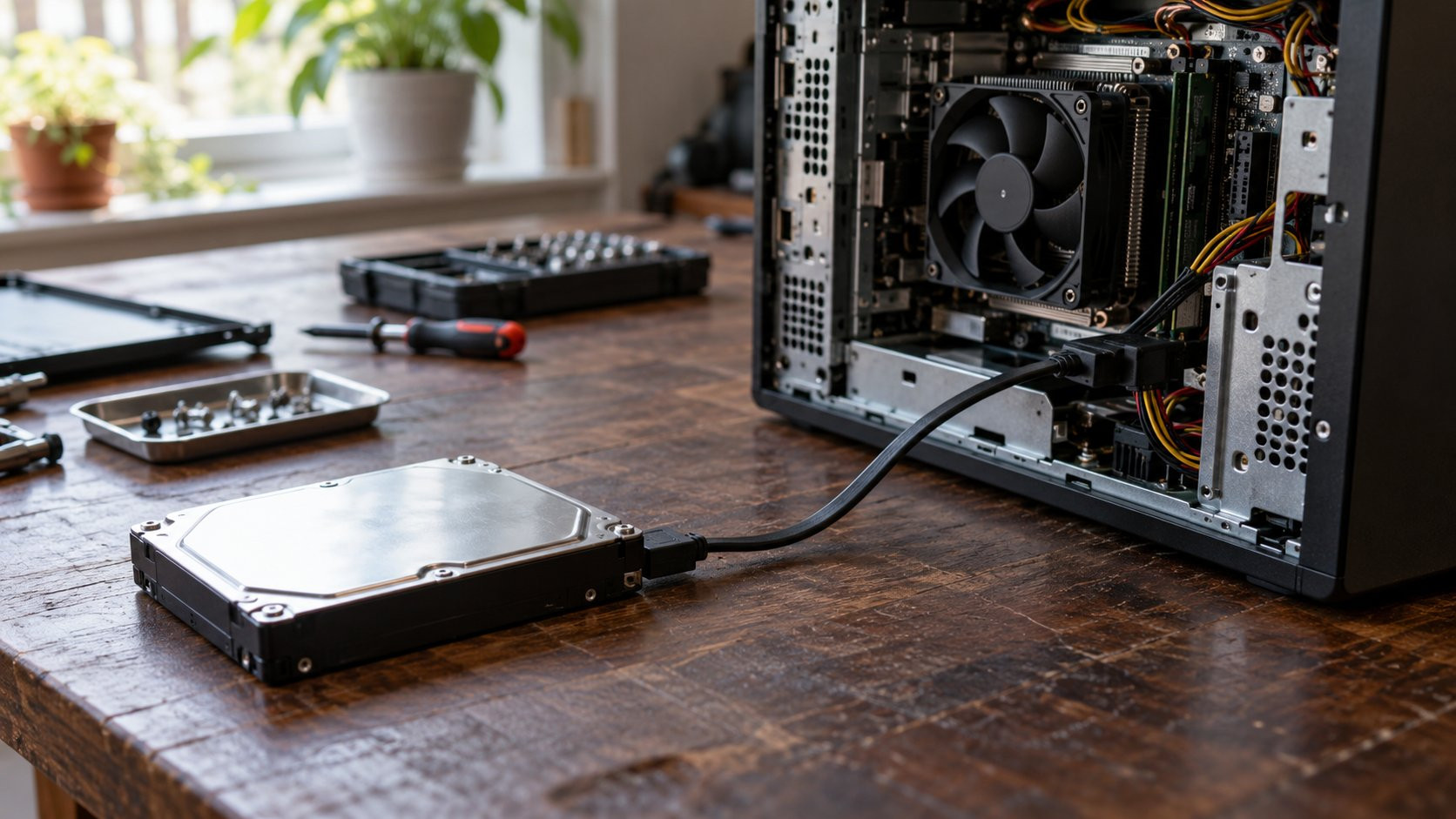 Extracted drive connected to a computer via cable