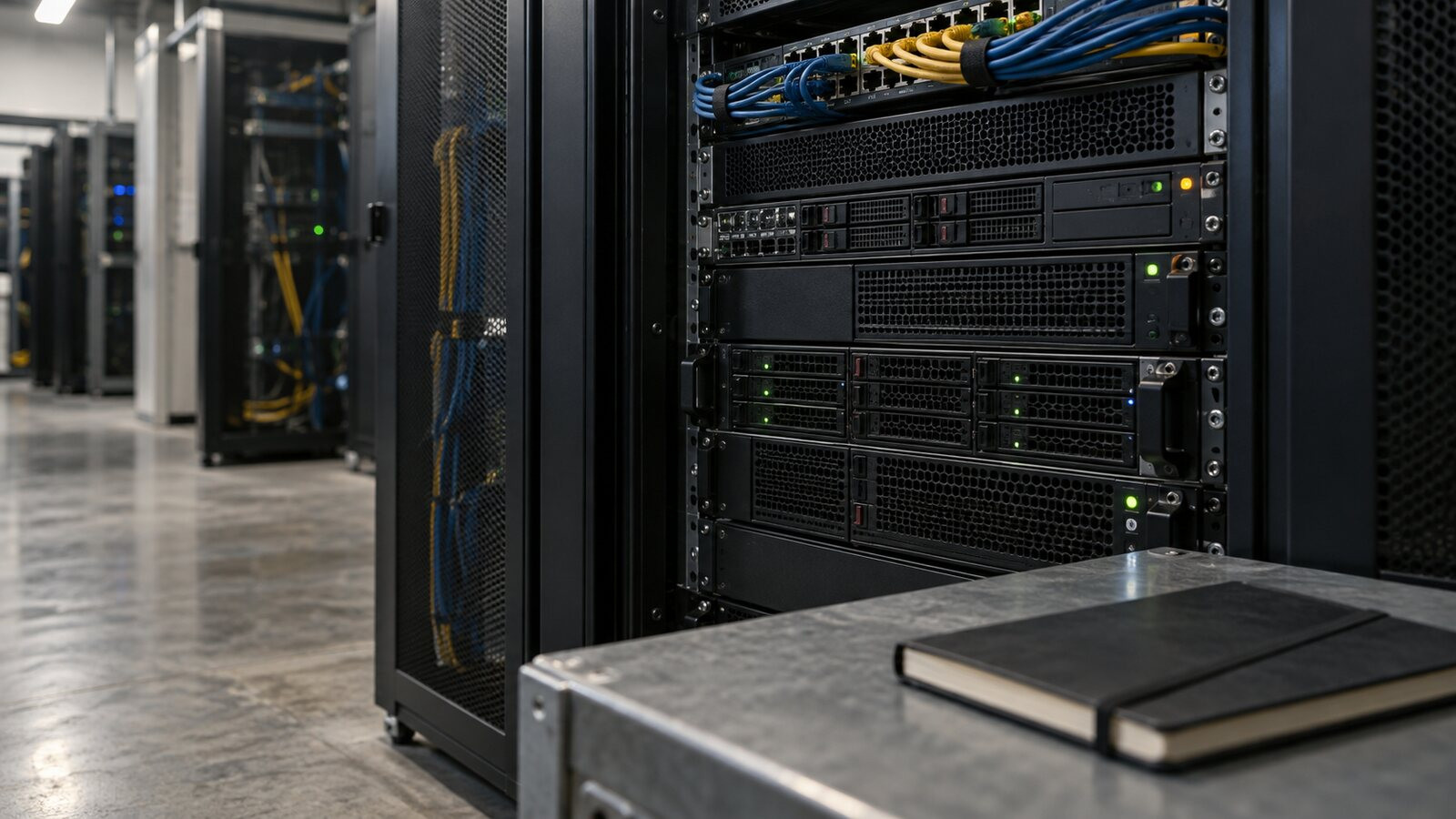 Server rack after reboot with neat, unlabeled indicators