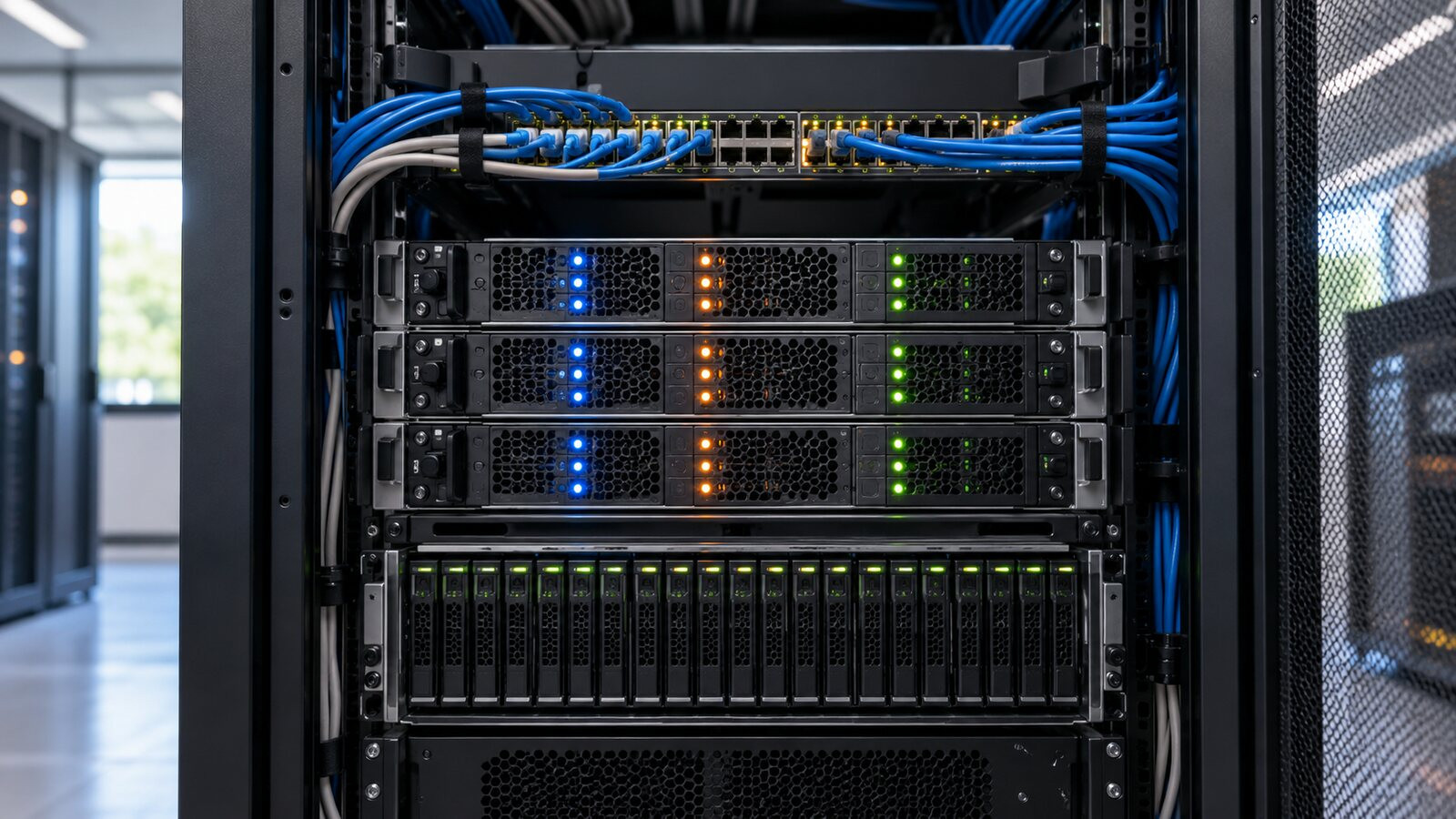 Server rack with three groups of load indicators without labels