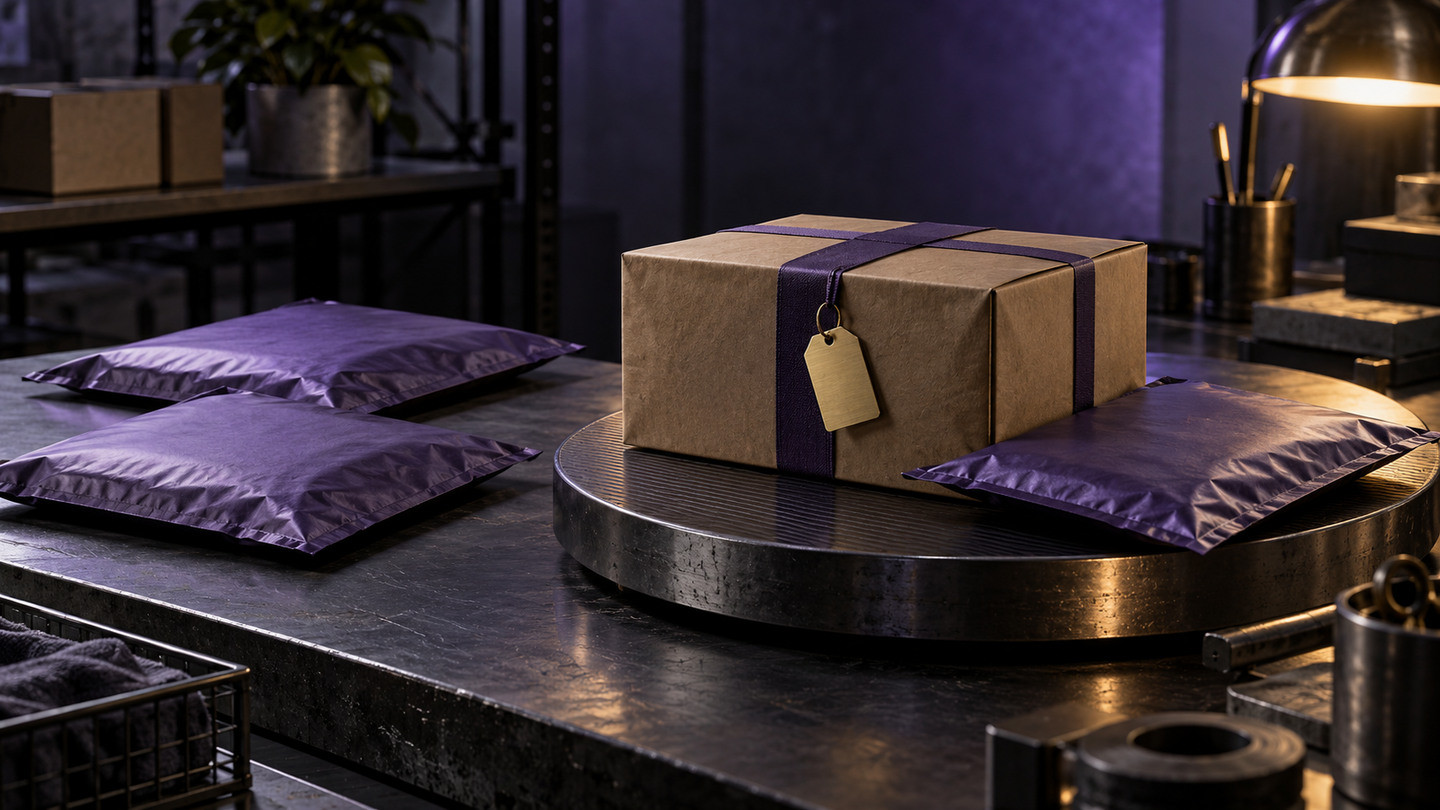 One packaged order and several identical shipping envelopes on the desktop