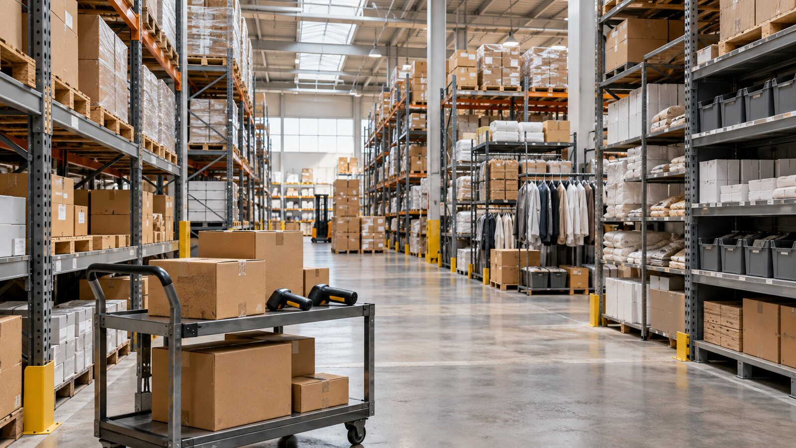 Shelves in multiple warehouses with boxes and accounting terminals, with no labels