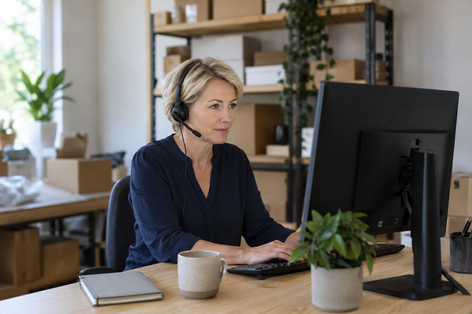 An online store employee responding to a customer at a desk