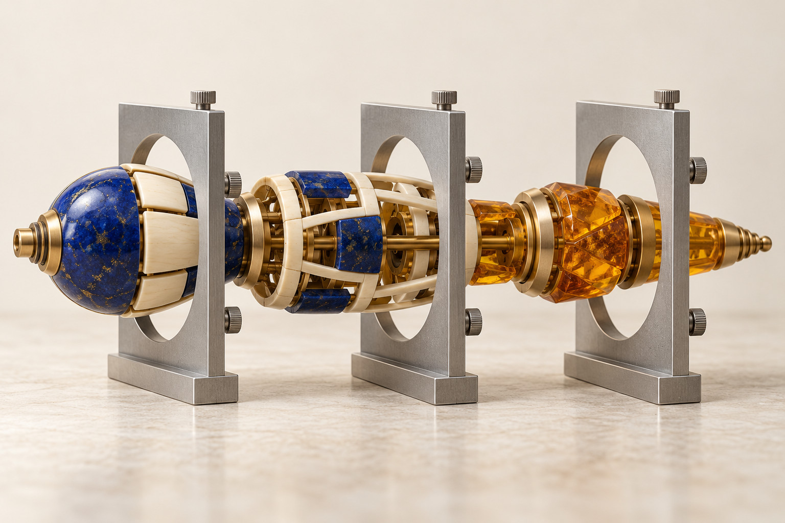 A set of colorful components passing through a series of measurement frames