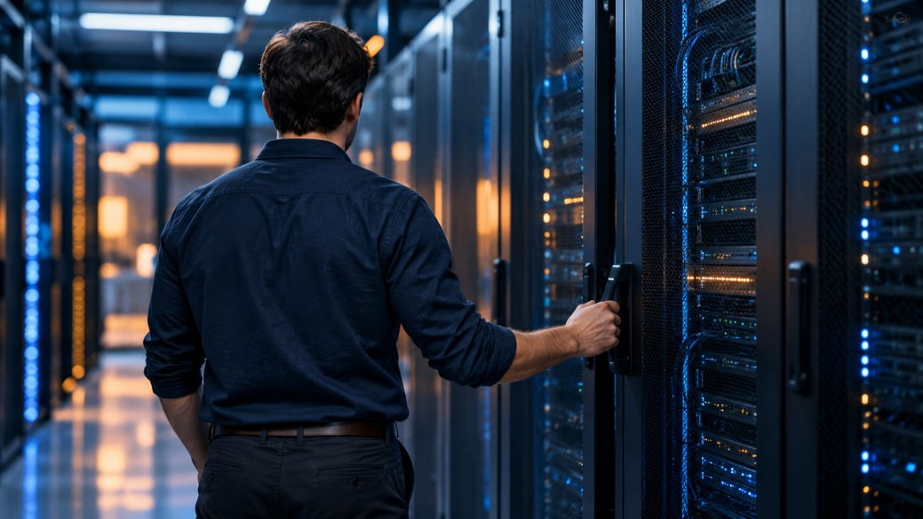 A specialist seen from behind beside a server rack in a data centre