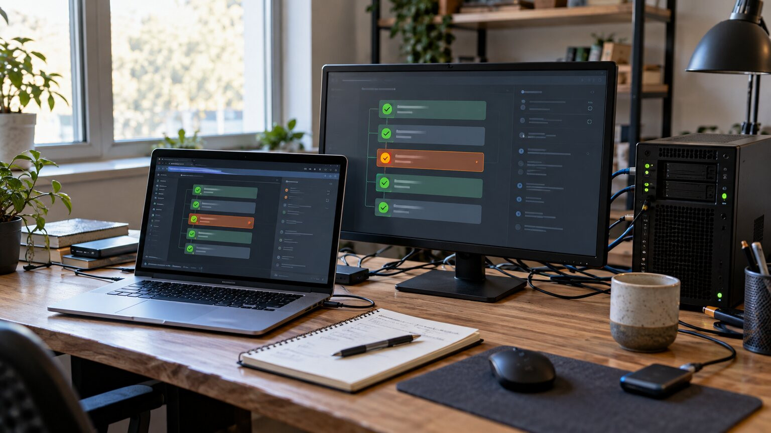 Workstation with automated build stages and a test server