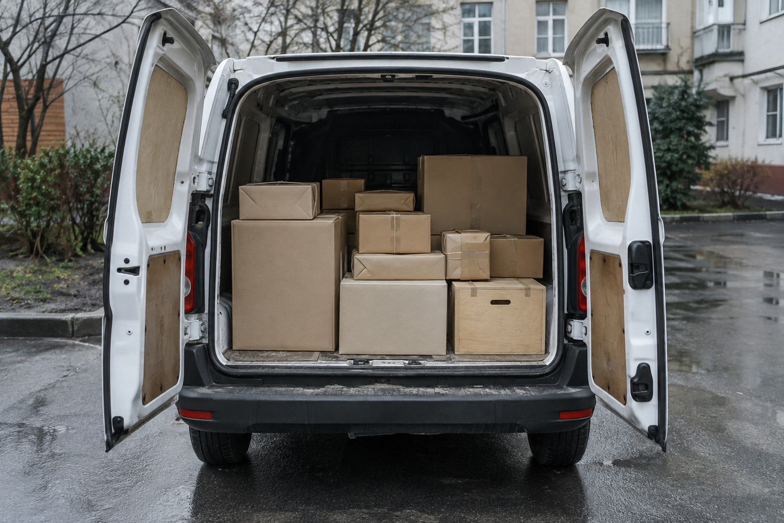 Packages in the cargo compartment of a small delivery van