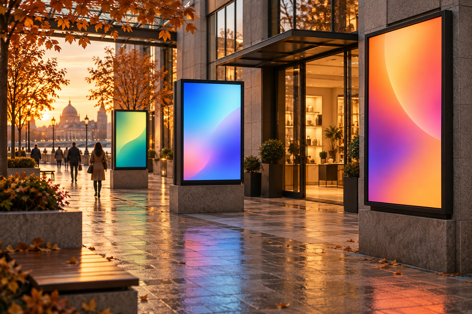 Large glowing screens displaying abstract images in an urban setting, with no text.