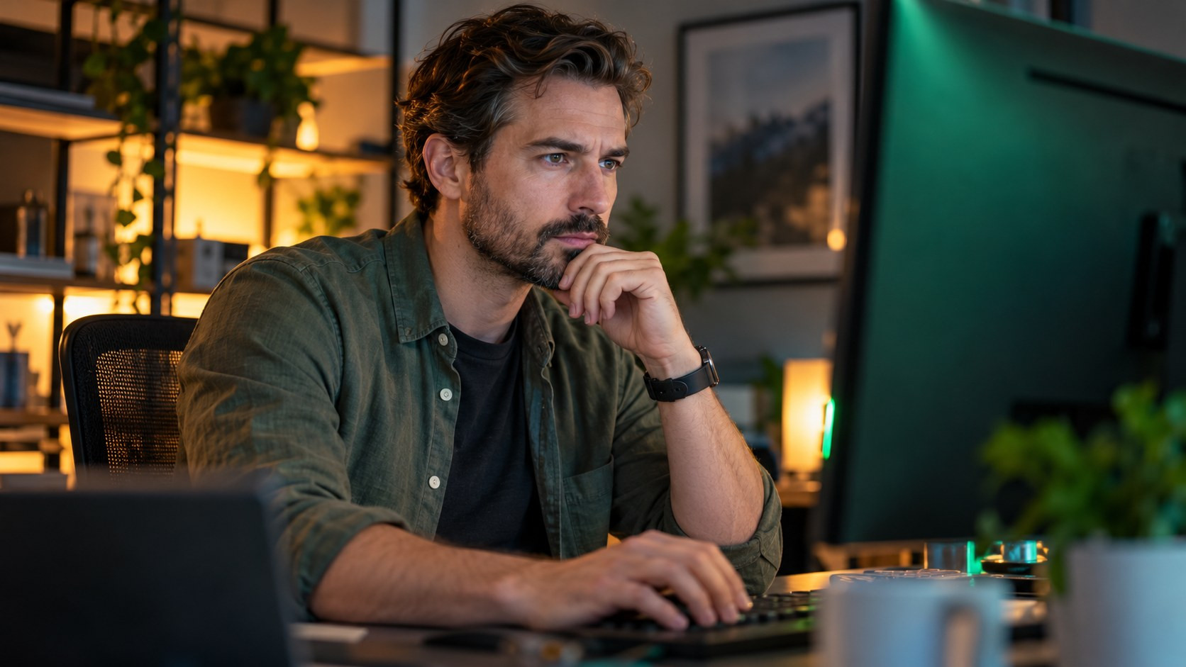 Illustration: an administrator at a desk carefully reviewing information on a monitor