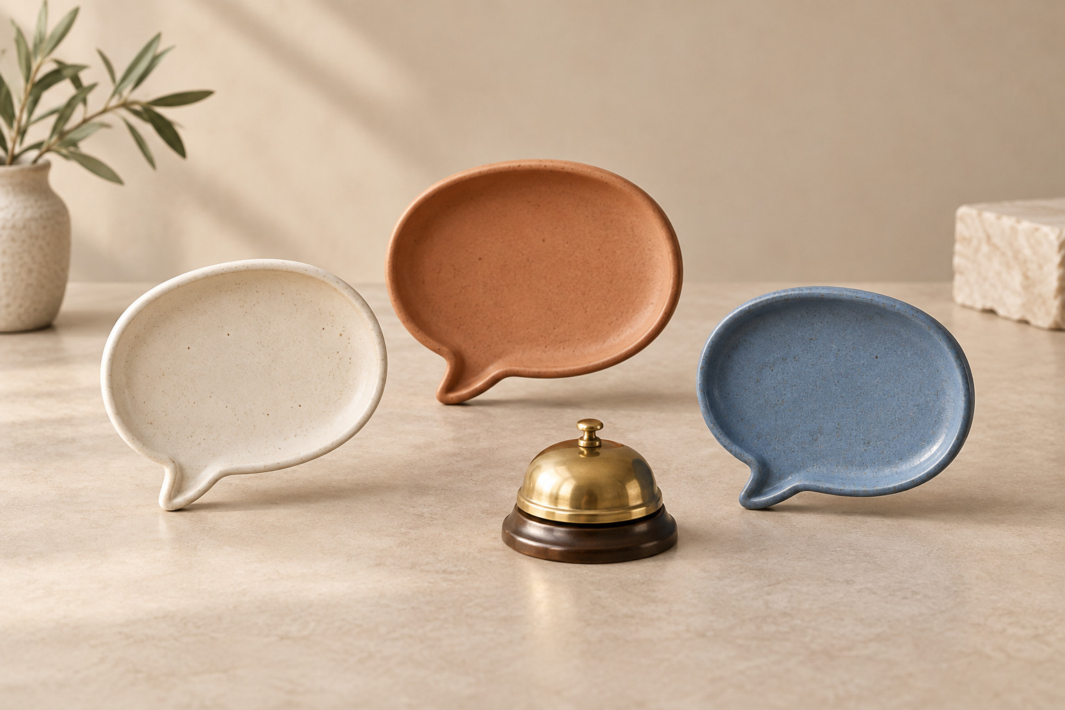 Empty, voluminous message clouds connected to a small desktop bell
