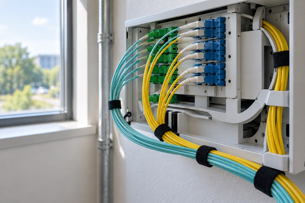 Optical cables connected to a wall-mounted patch panel. Generated illustration.