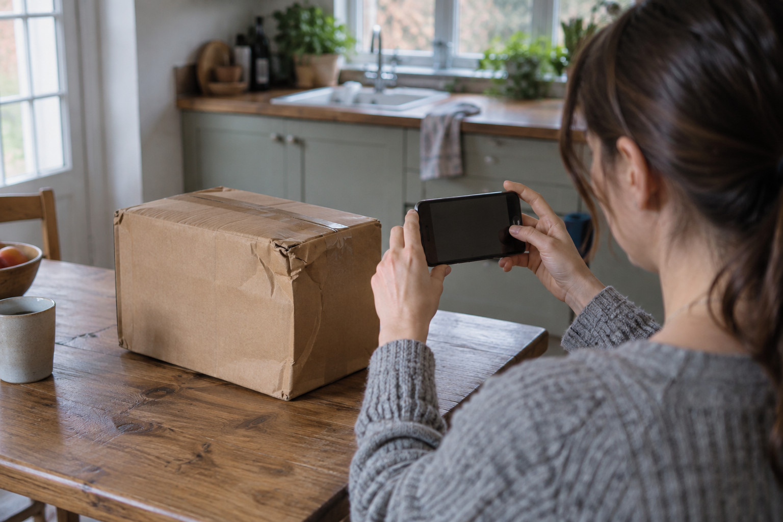 A customer photographs a damaged package