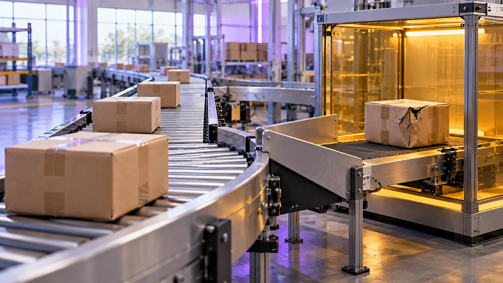 A damaged package is separated from the main conveyor into a transparent quarantine section