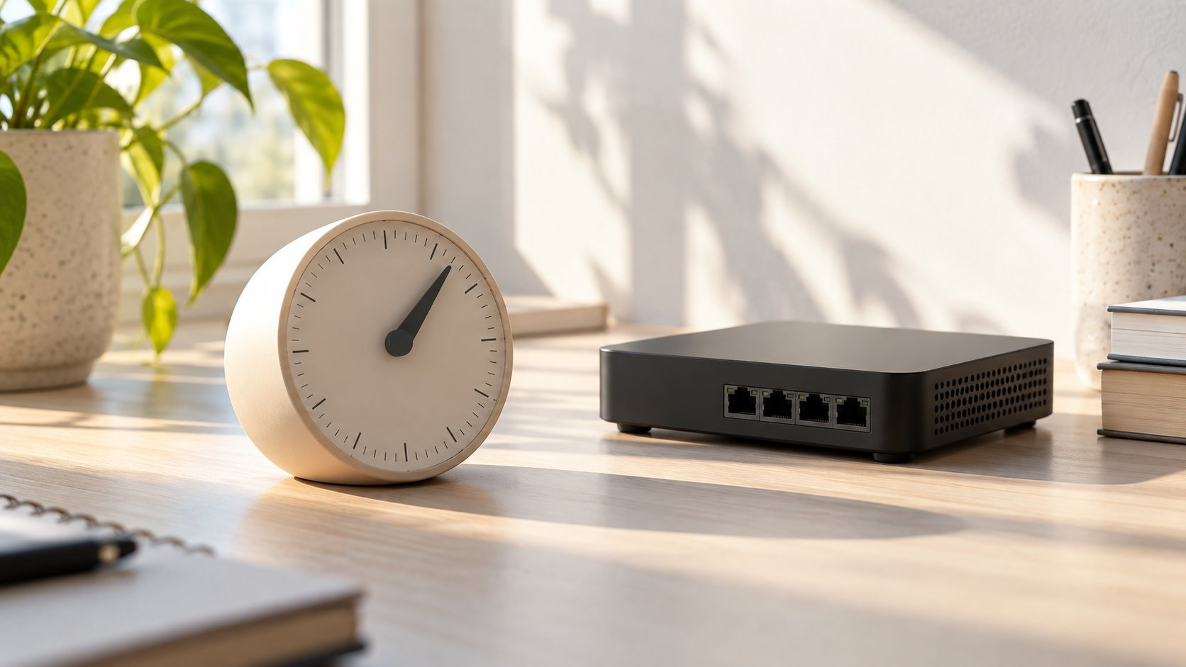 Desktop timer next to a network device