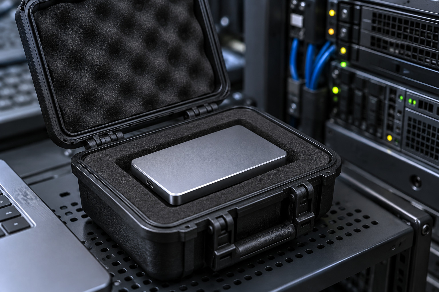 Отдельный накопитель в защитном футляре рядом с серверным оборудованием.