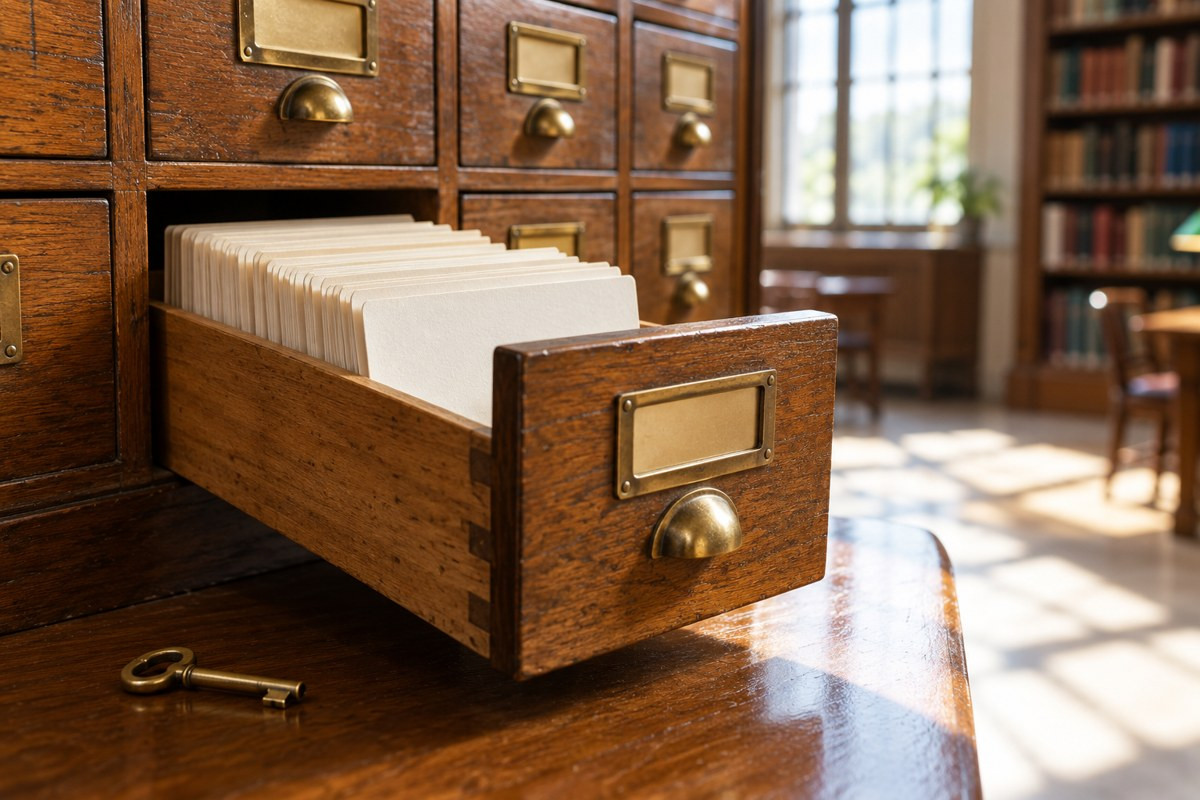 An open library catalog box with empty cards and a key nearby. Generated illustration.