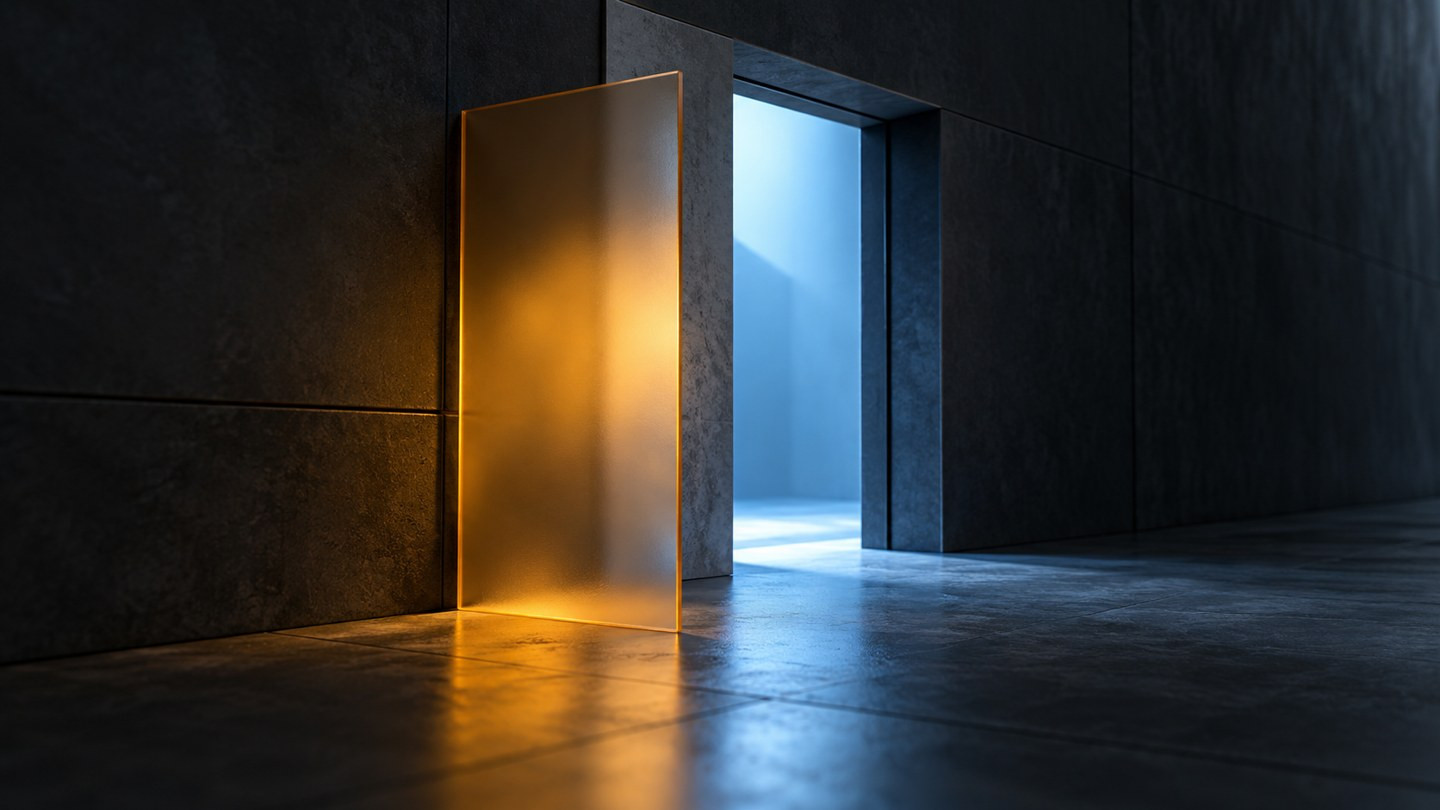 An amber glass partition in front of an open doorway with blue light—symbolizing a preserved negative response.