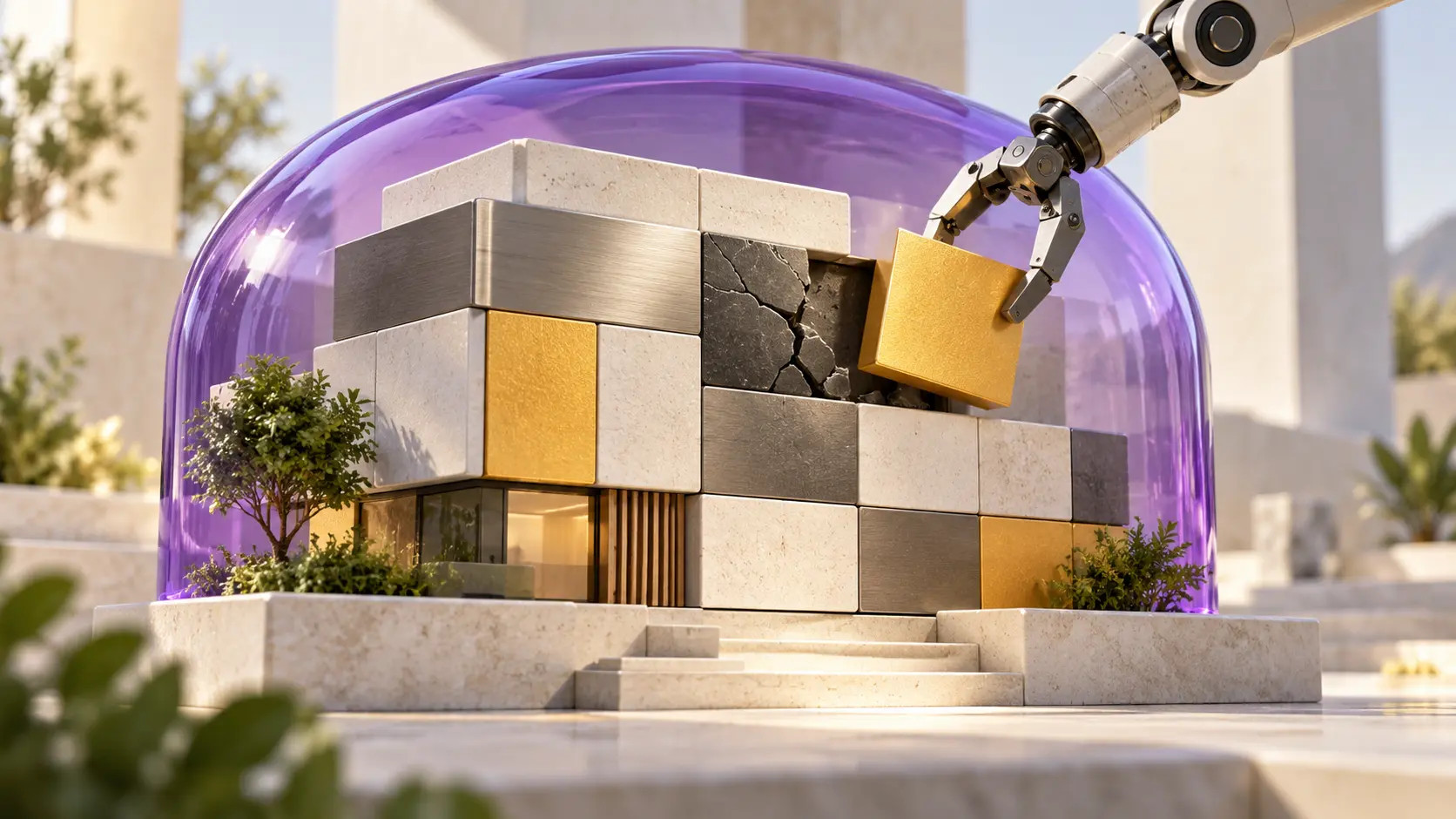 A manipulator replaces a damaged site module under a purple protective dome