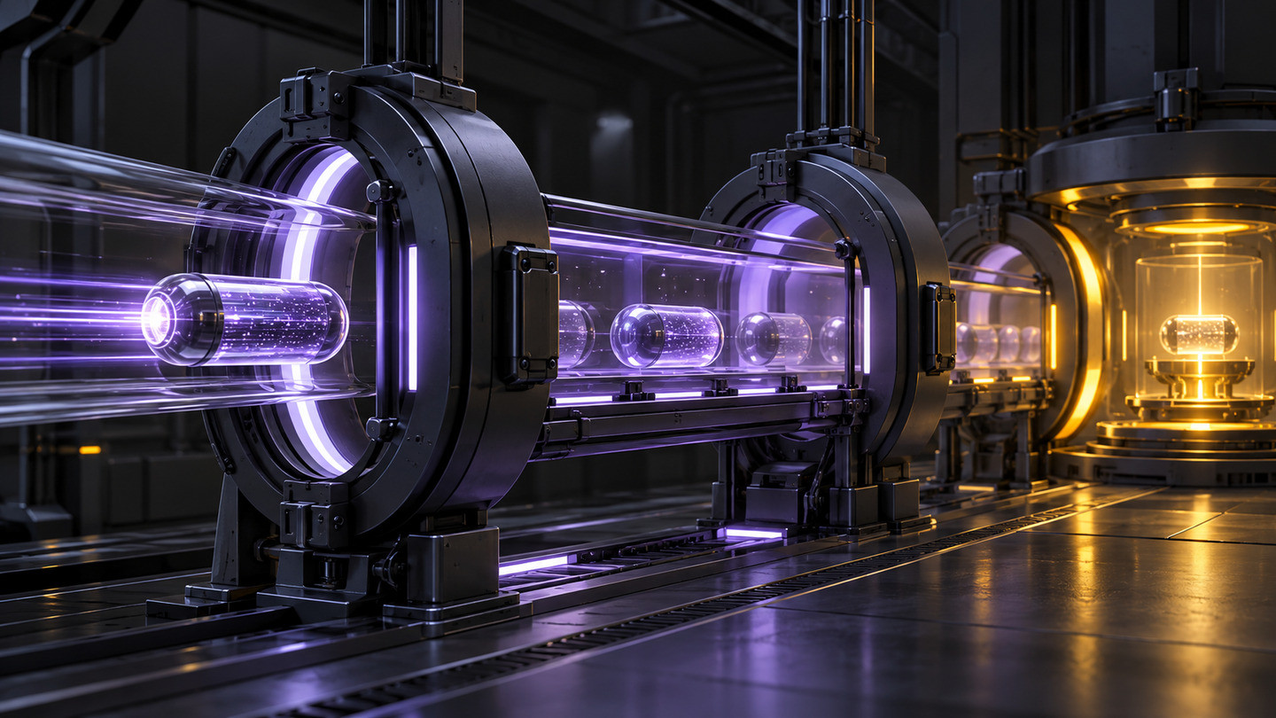 A glowing data capsule passes through several independent processing stages