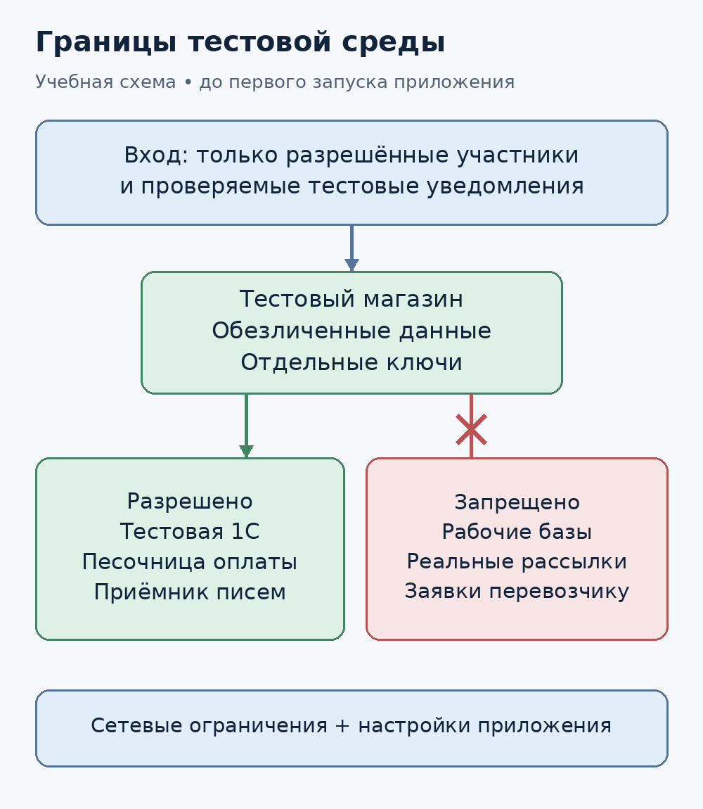 Границы тестового магазина: разрешены тестовые сервисы, закрыты рабочие системы и публичный доступ.