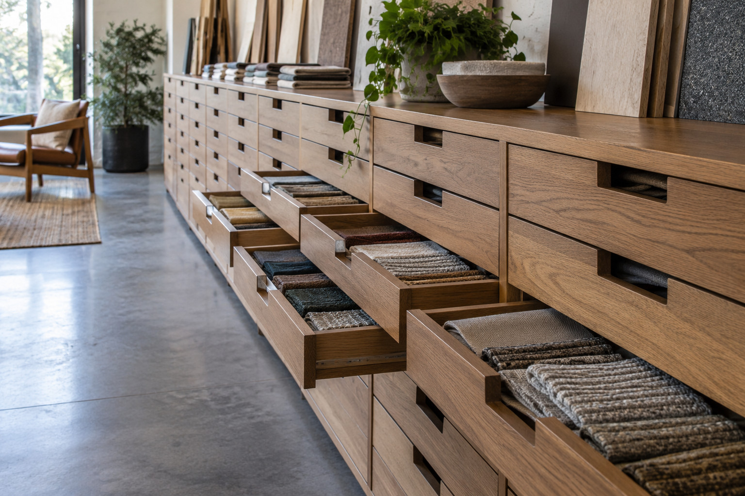 A long row of sample boxes in a furniture showroom