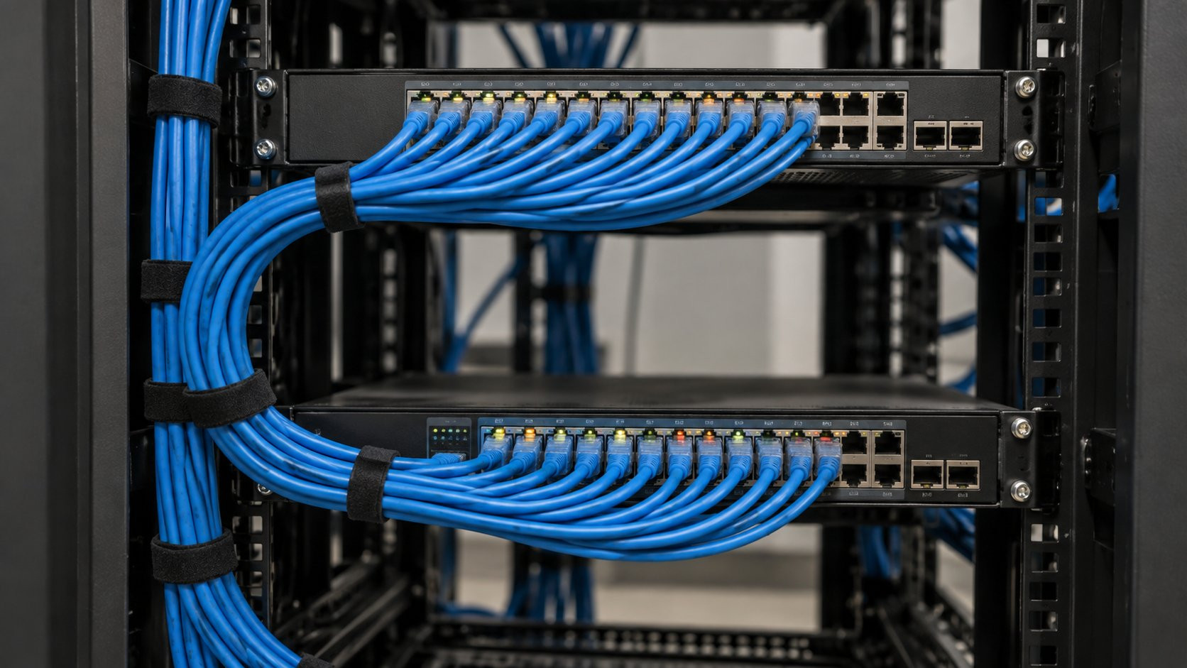 Carefully routed cables between network switches