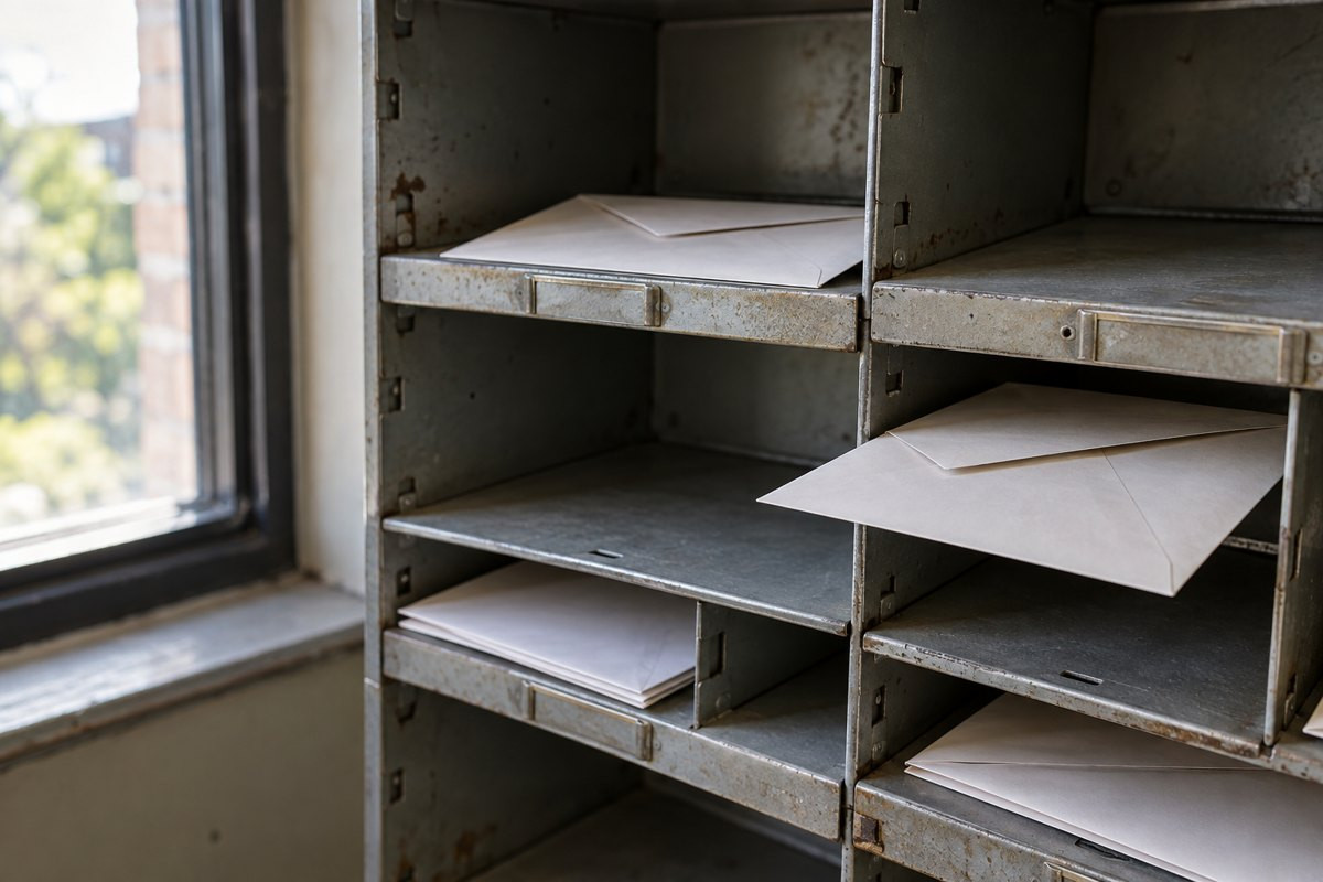 Unsigned envelopes in separate compartments of a metal mailbox. Generated illustration.