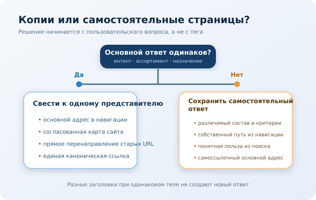 Схема выбора действия для одинаковых и самостоятельных страниц