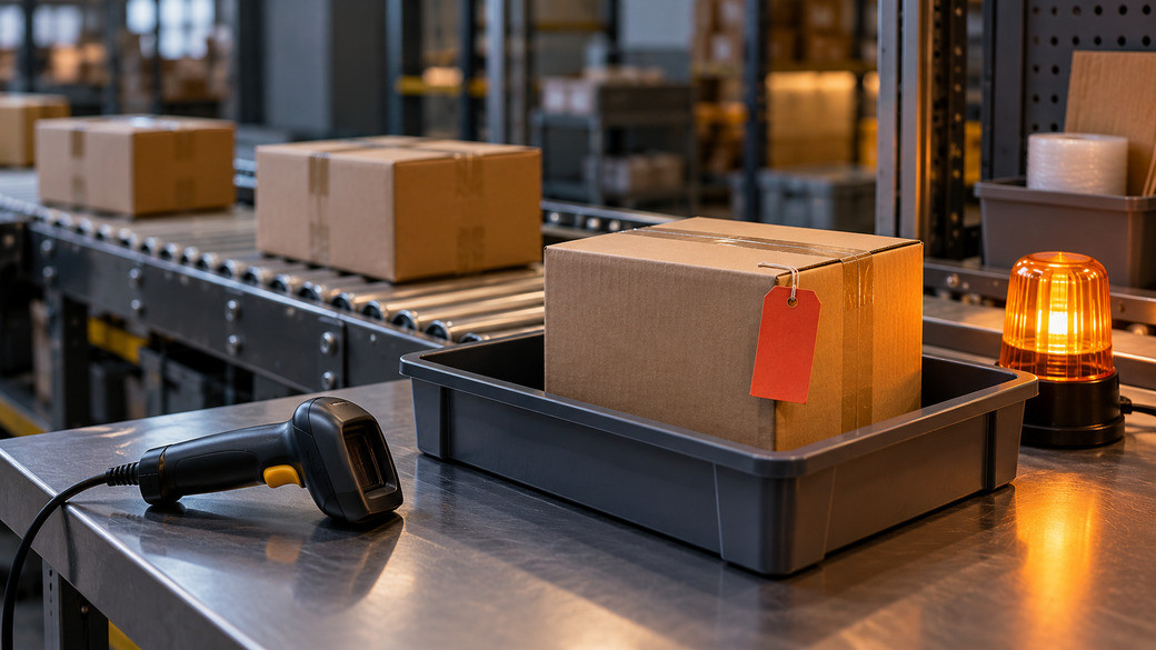 A package on a separate control conveyor next to an amber signal lamp and a scanner