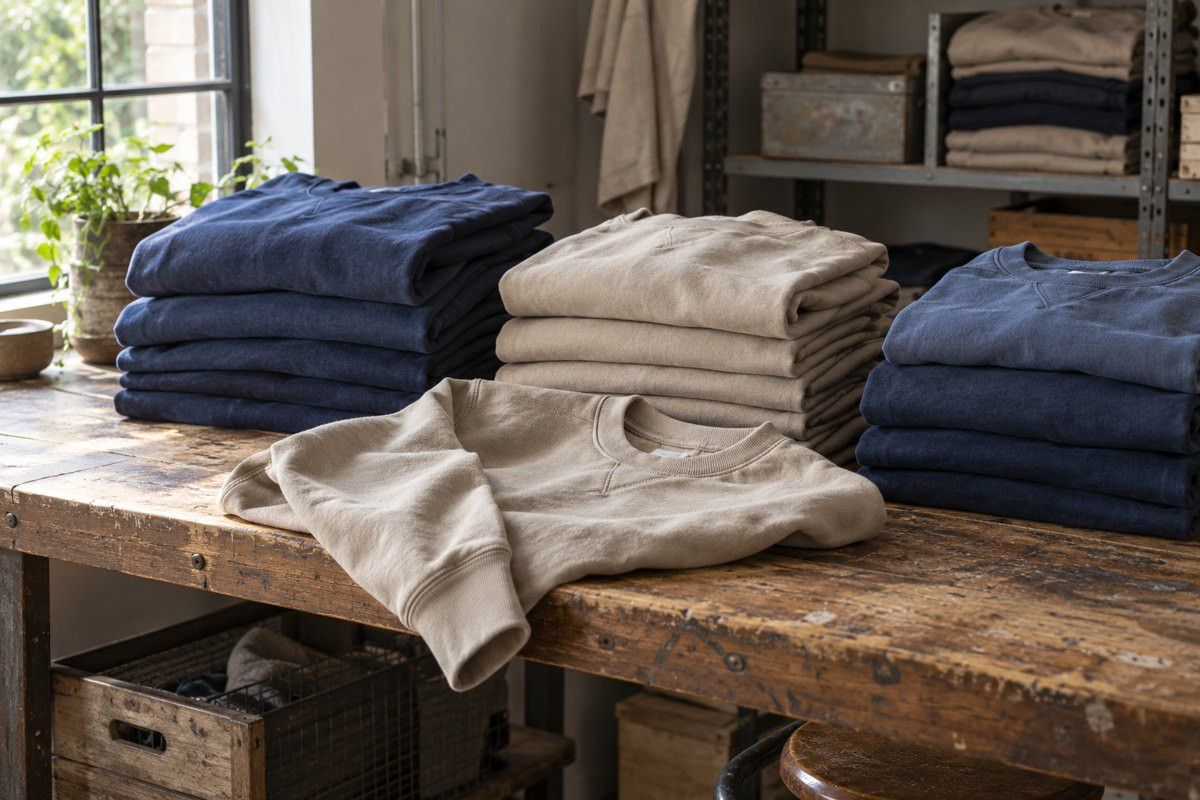 Stacks of solid-color hoodies in various colors on a small warehouse table. Generated illustration.