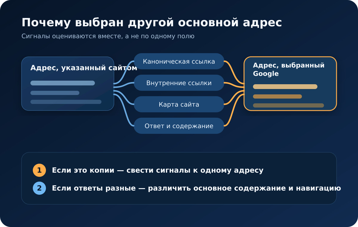 Сигналы канонизации двух похожих страниц сходятся к выбранному Google основному адресу