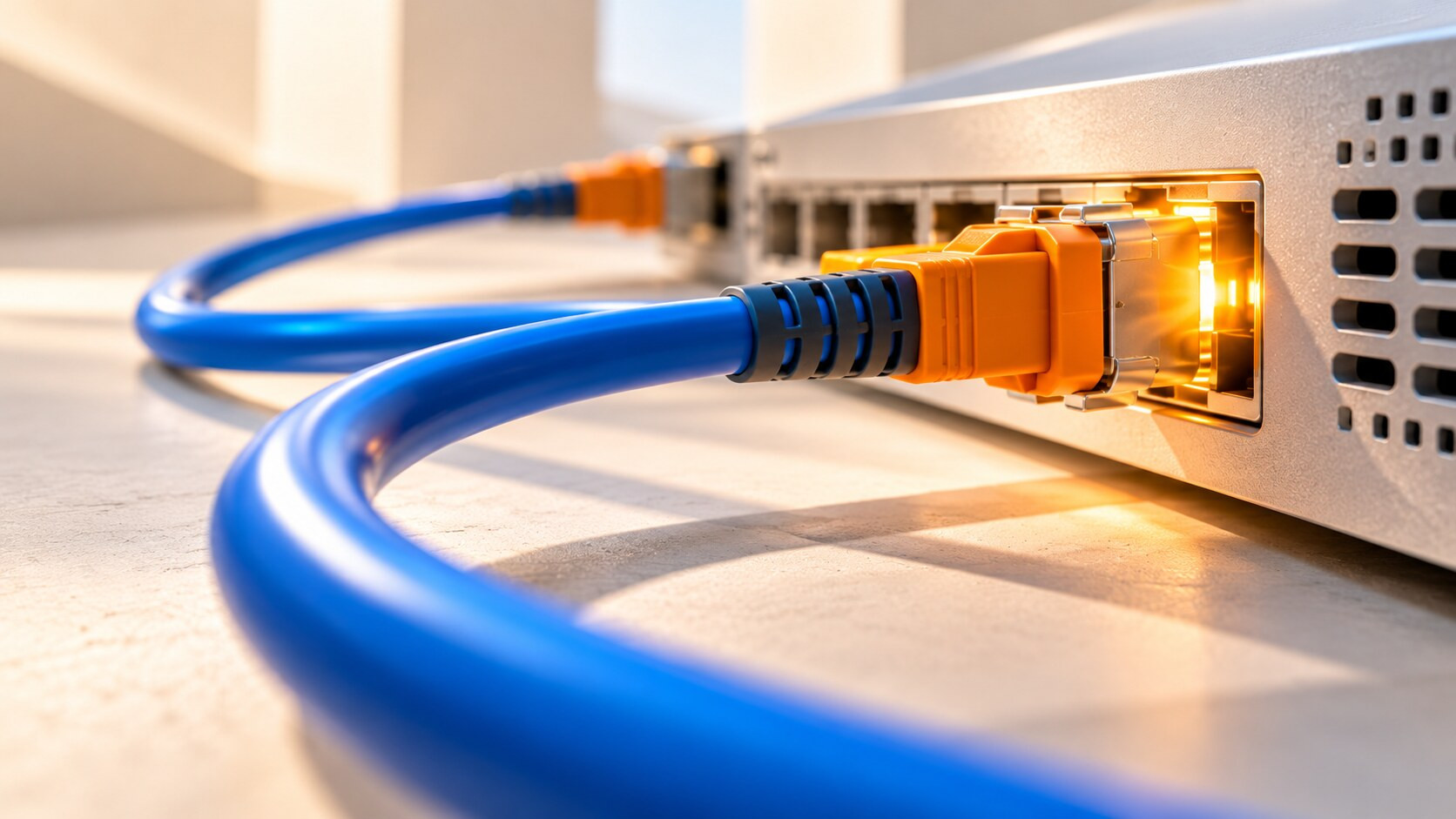 Illustration of restored connection: a blue network cable connected to equipment