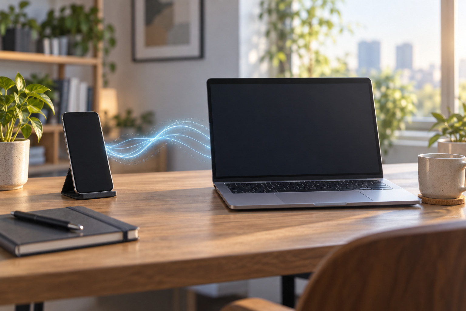 A smartphone and laptop on a desk connected by soft light waves without wires