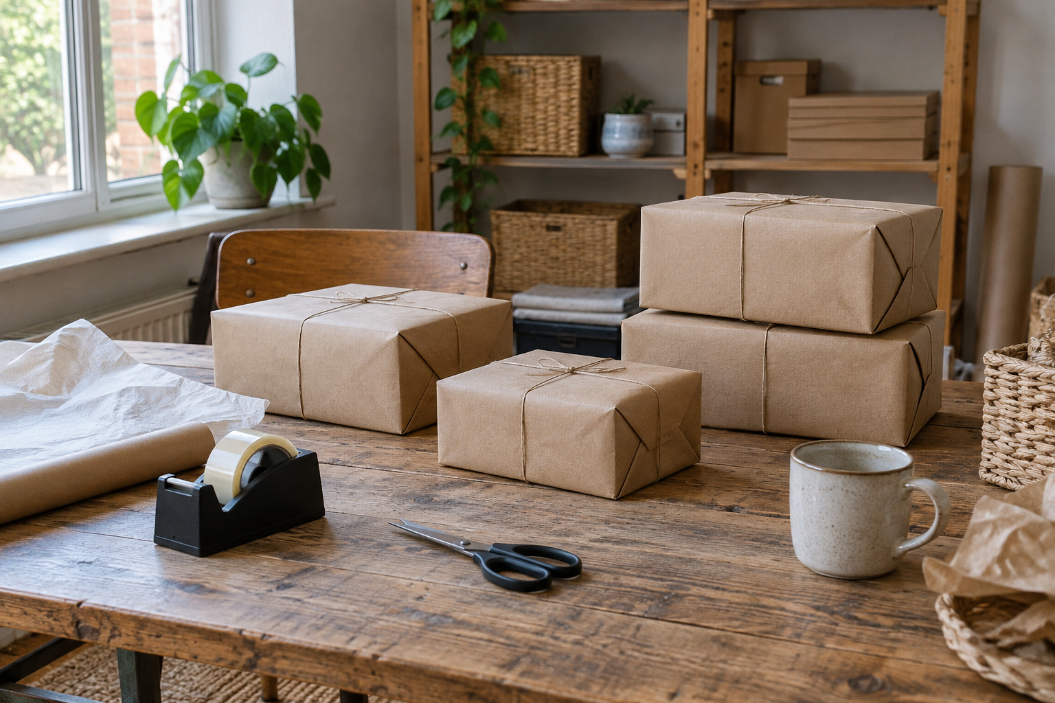 Packed orders on the counter of a small online store