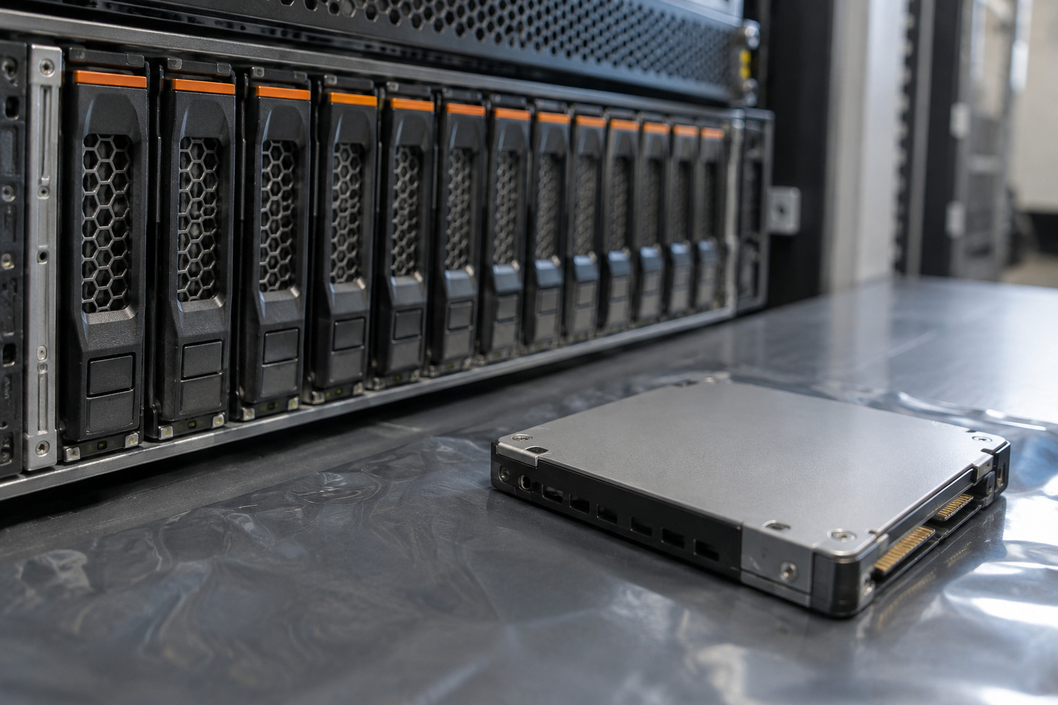 Server drives and a spare disk on the work surface