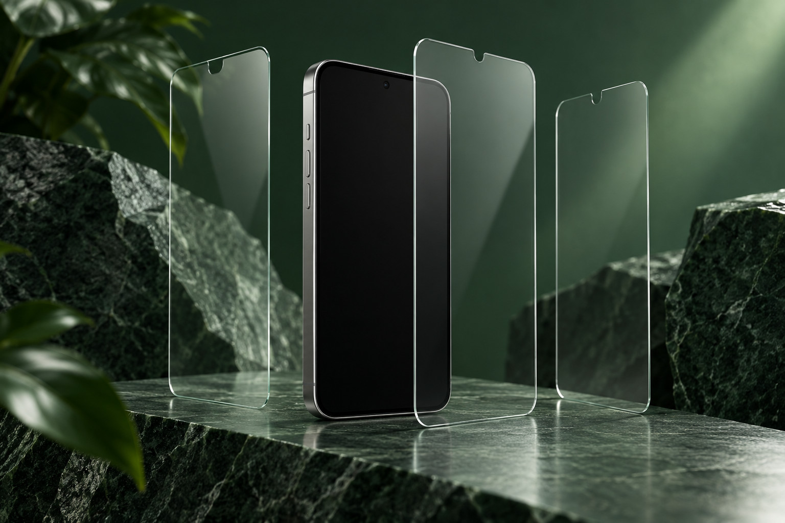 A smartphone without labels, surrounded by three distinct security layers
