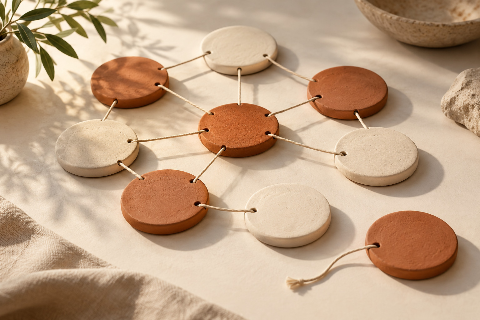 Керамические круги соединены шнурами; один круг лежит отдельно с незакреплённым шнуром.