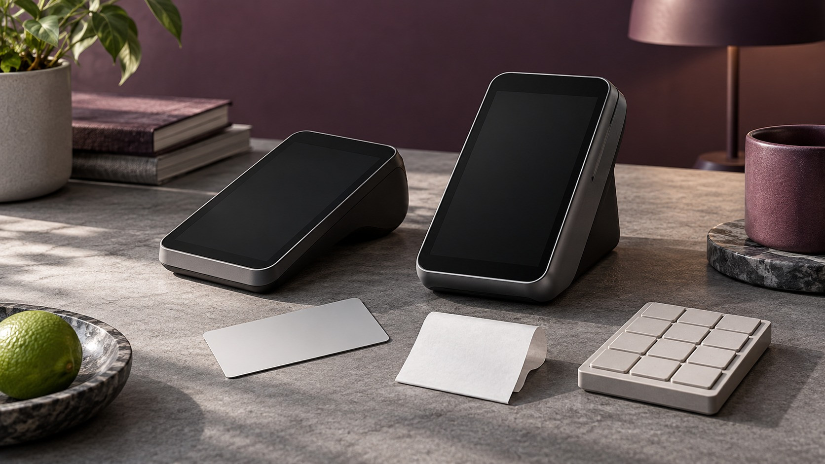 Two payment terminals with blank screens on a desk next to a map and a receipt