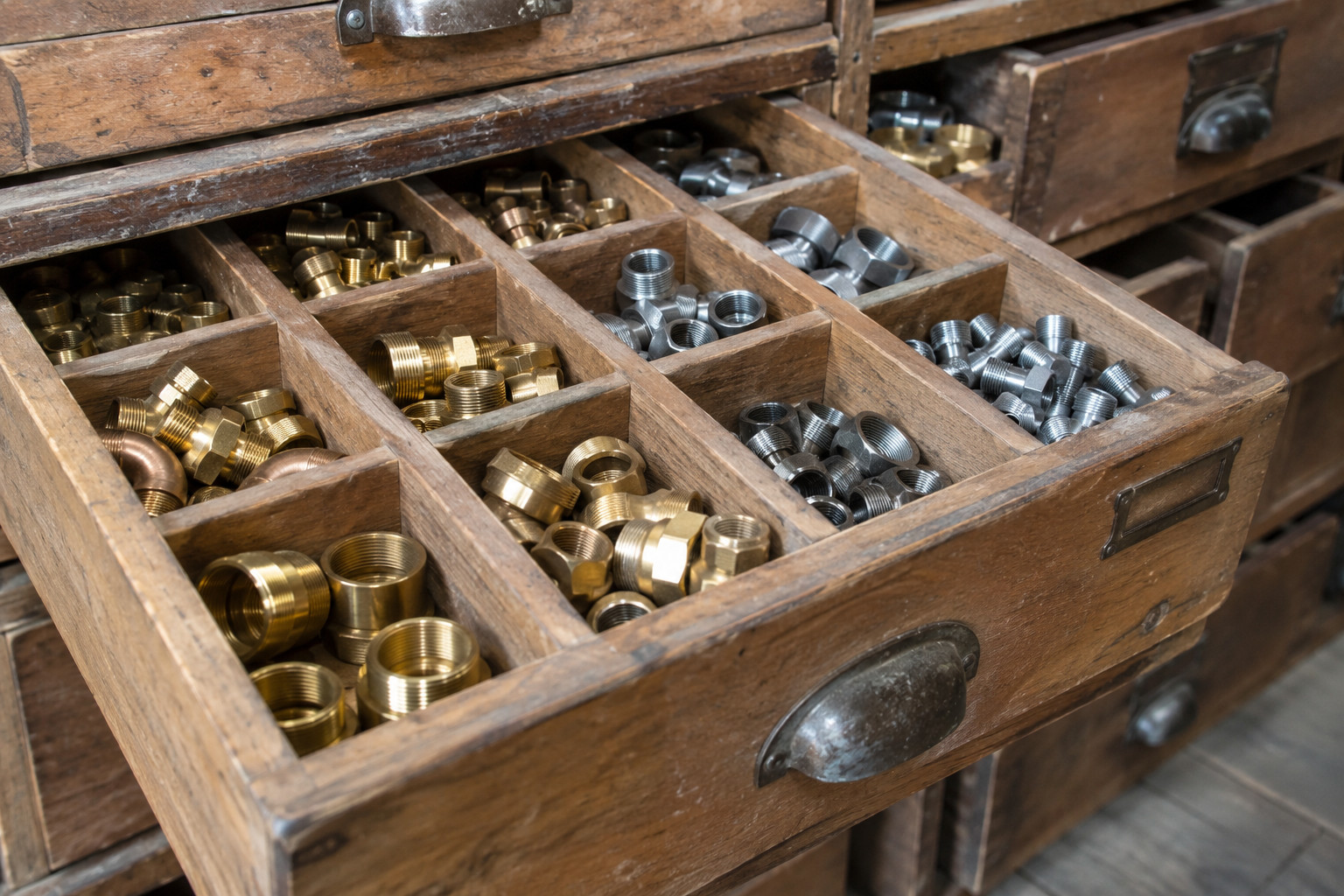 Open box with various metal fasteners