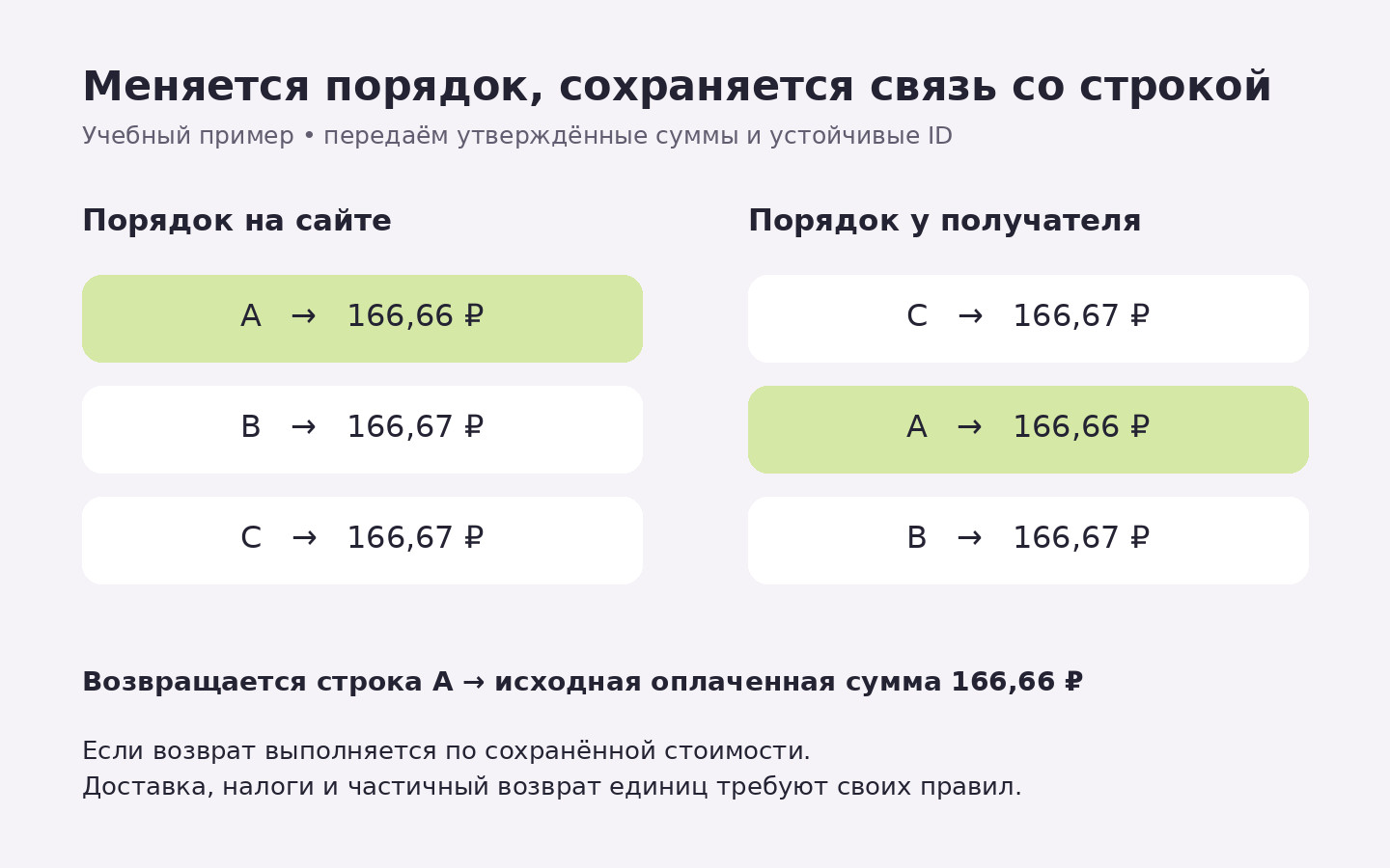 При перестановке строк А, Б и В сохраняются утверждённые суммы 166,66, 166,67 и 166,67 рубля