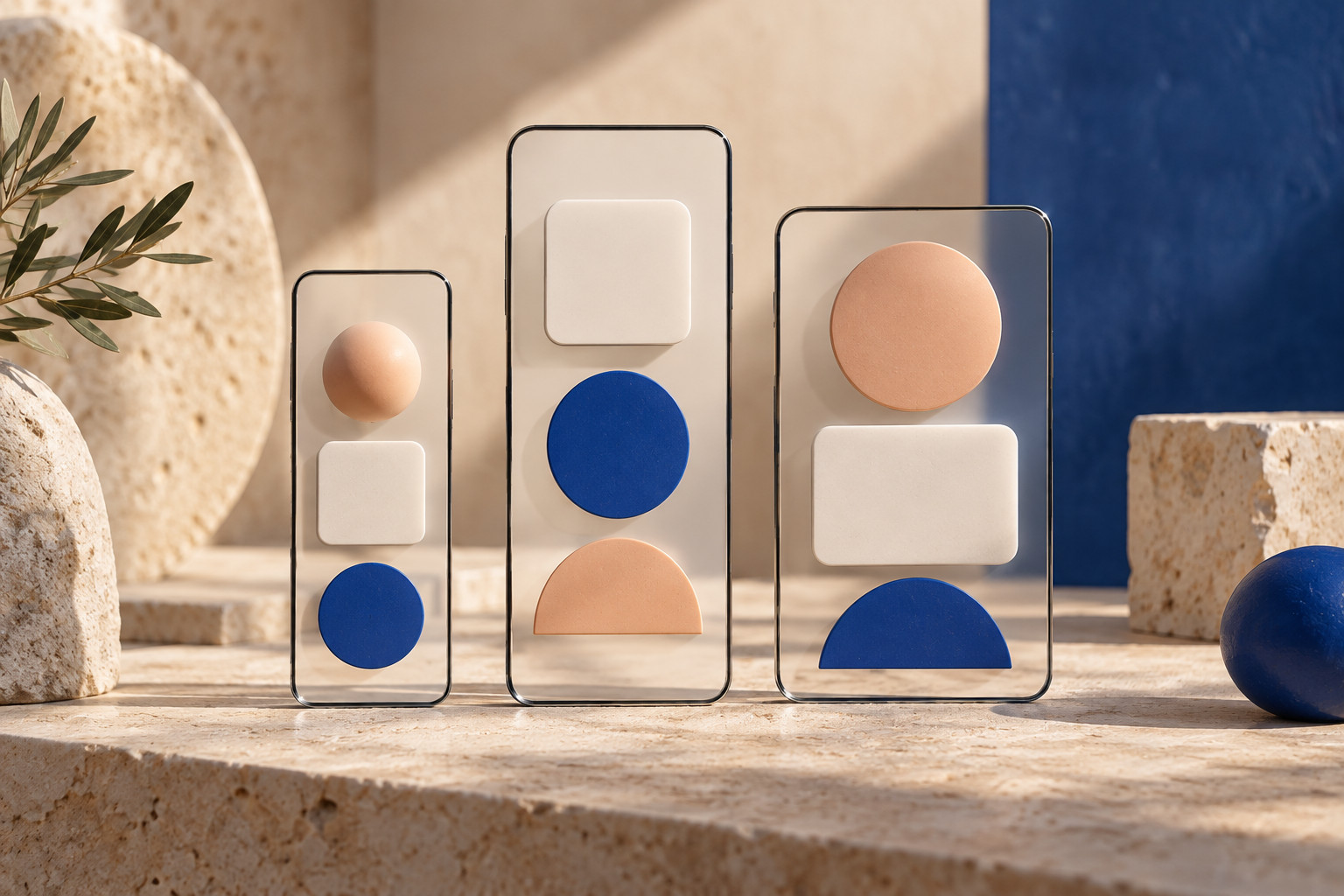 Abstract screens of varying widths featuring identical colored interface elements