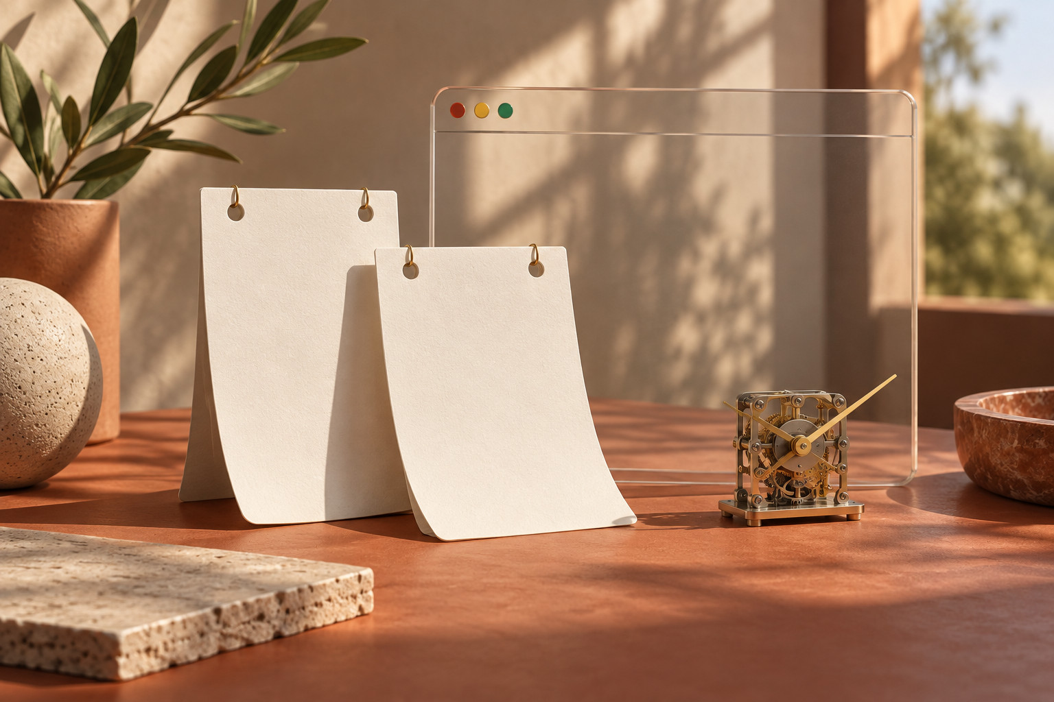 Two empty calendar cards next to a small browser window model