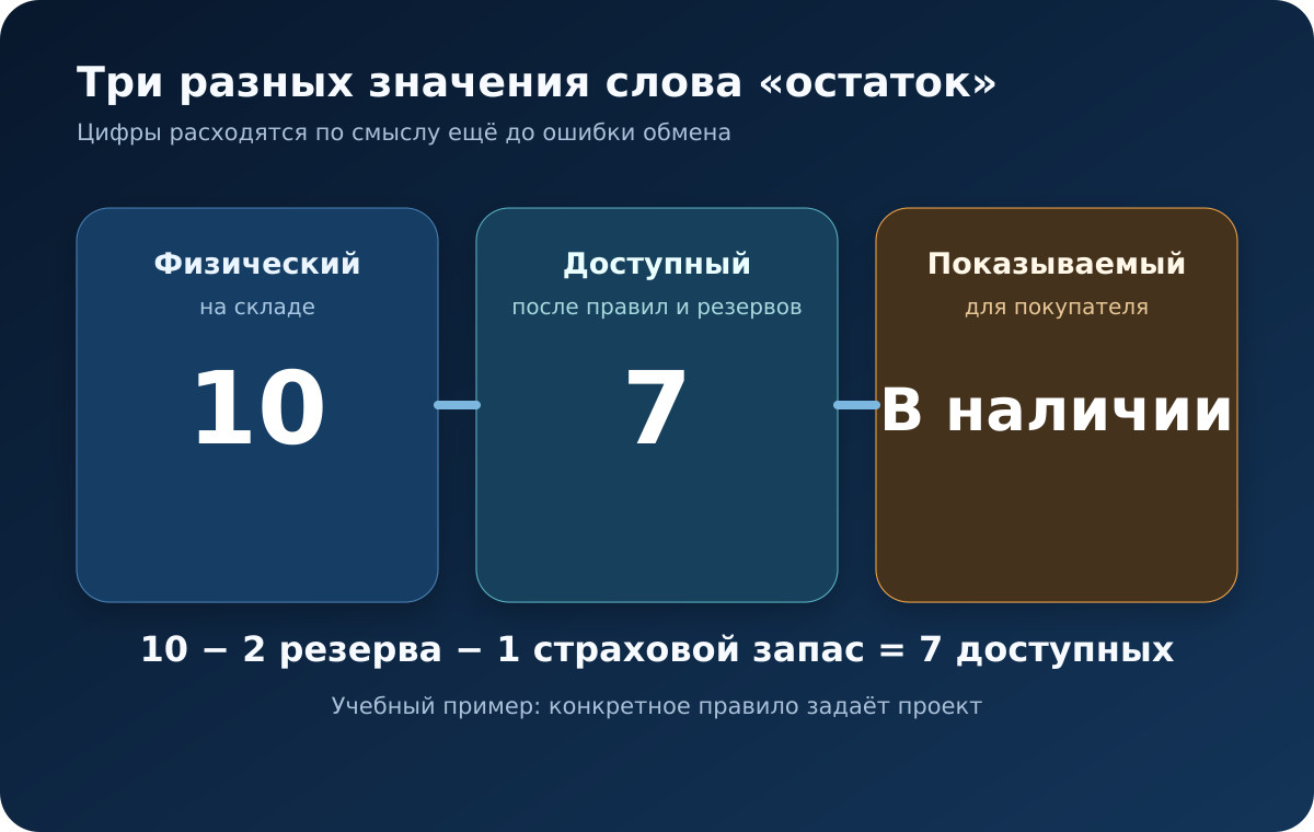 Физический остаток 10 уменьшается на два резерва и одну страховую единицу до семи доступных