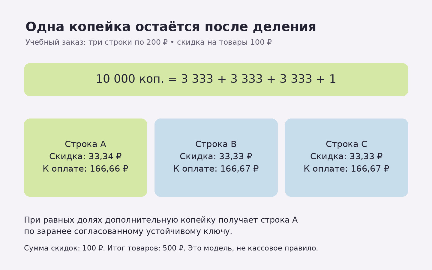 Скидка 100 рублей распределена как 33,34, 33,33 и 33,33; итоговые суммы трёх строк дают ровно 500 рублей