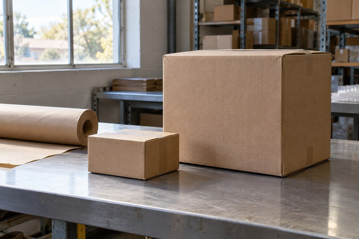 Small and large boxes on a packing table. Generated illustration.