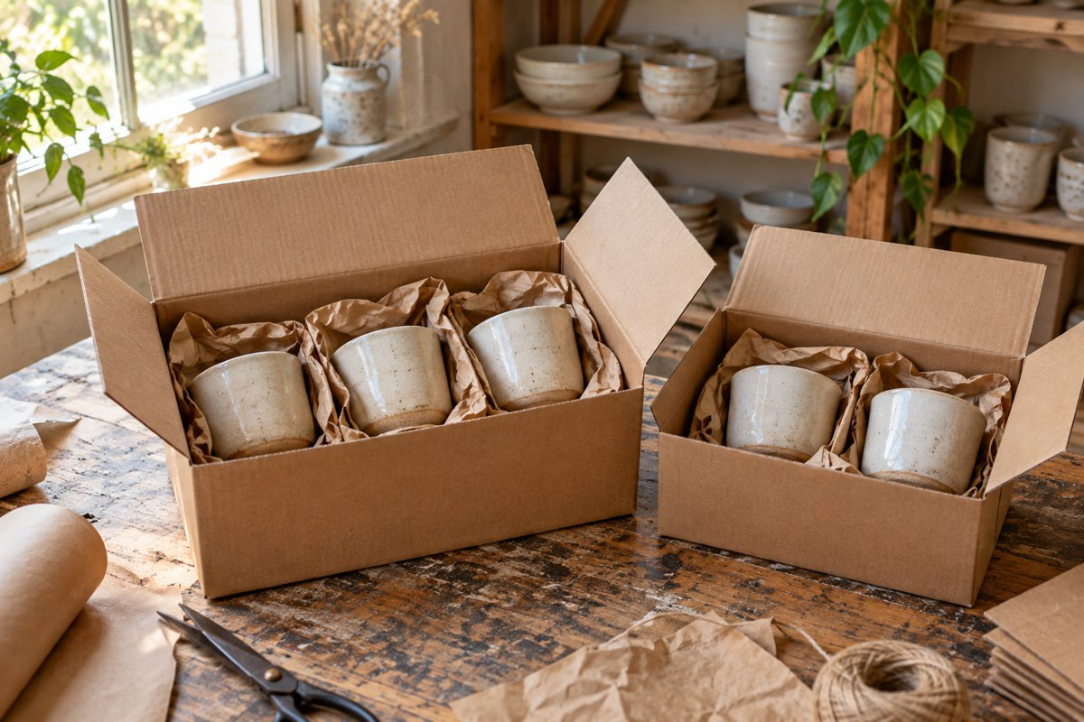 Two boxes of ceramic mugs on a packing table. Generated illustration.